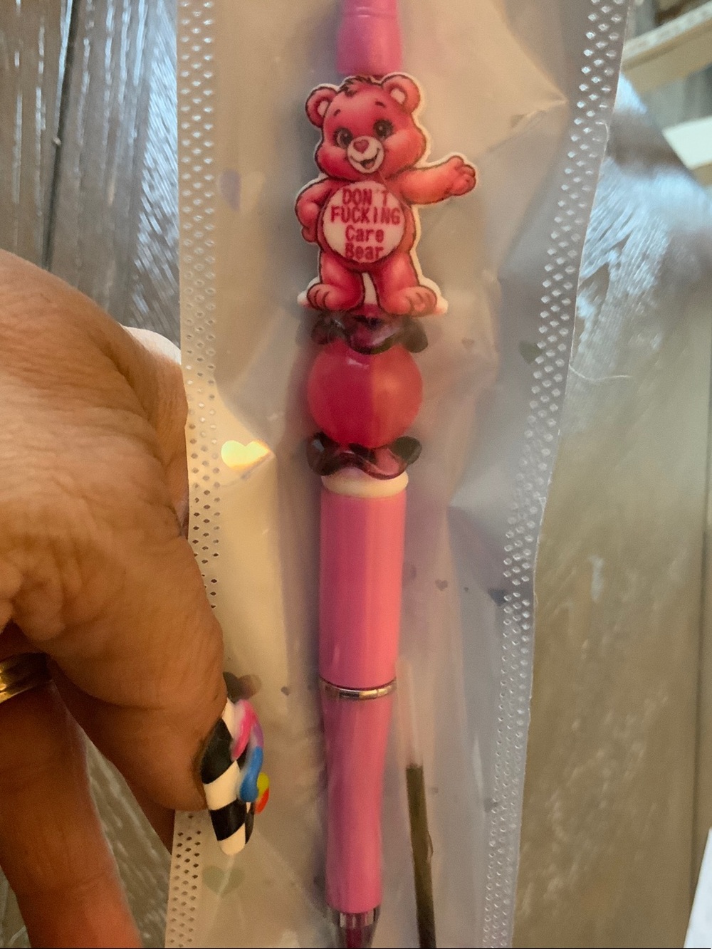 ADULT ONLY Pink Novelty Care Bear Ballpoint Pen W/ QUOTE  W/ACCENT BEAD